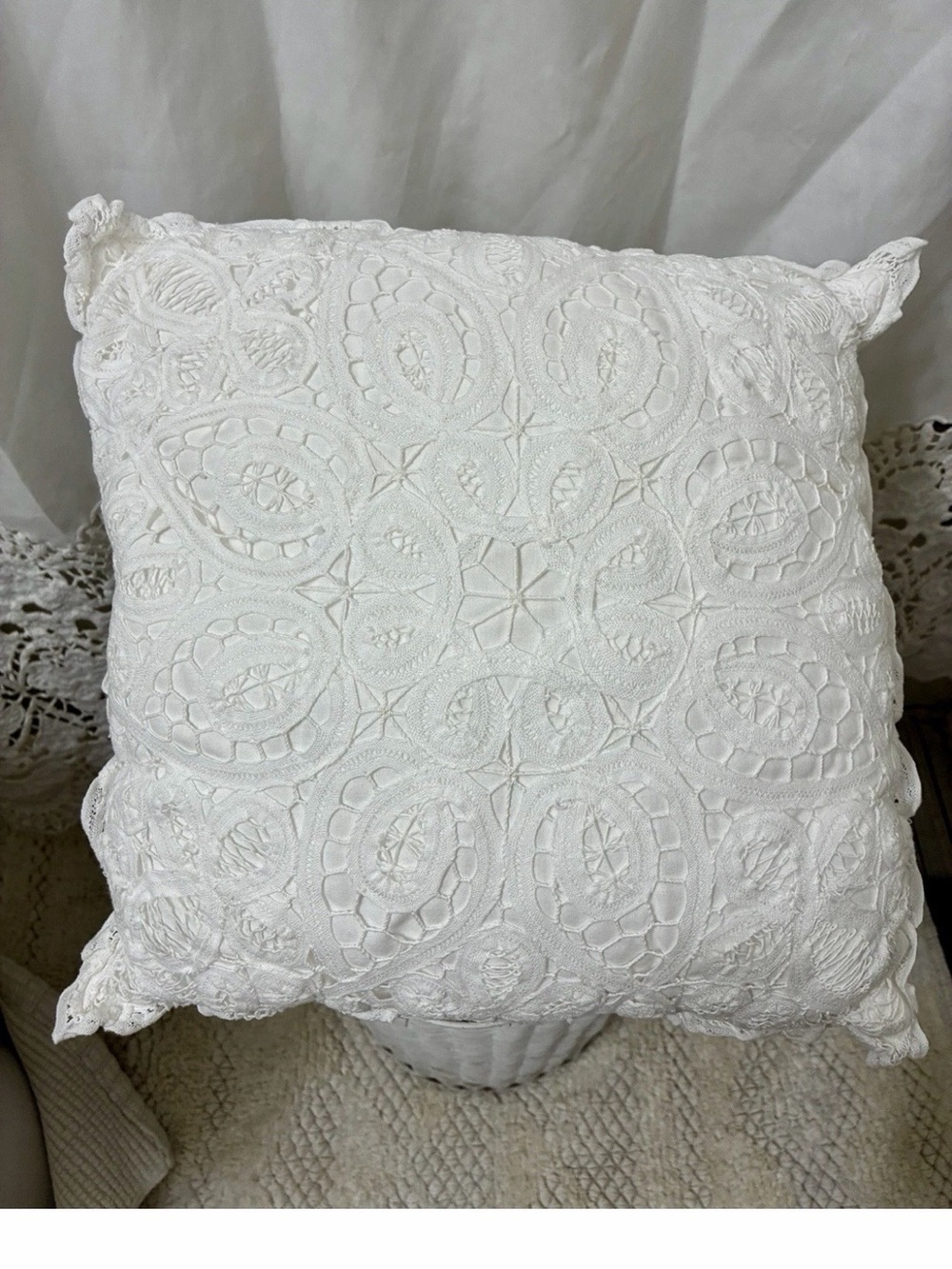 White Textured Embroidered Throw Pillow